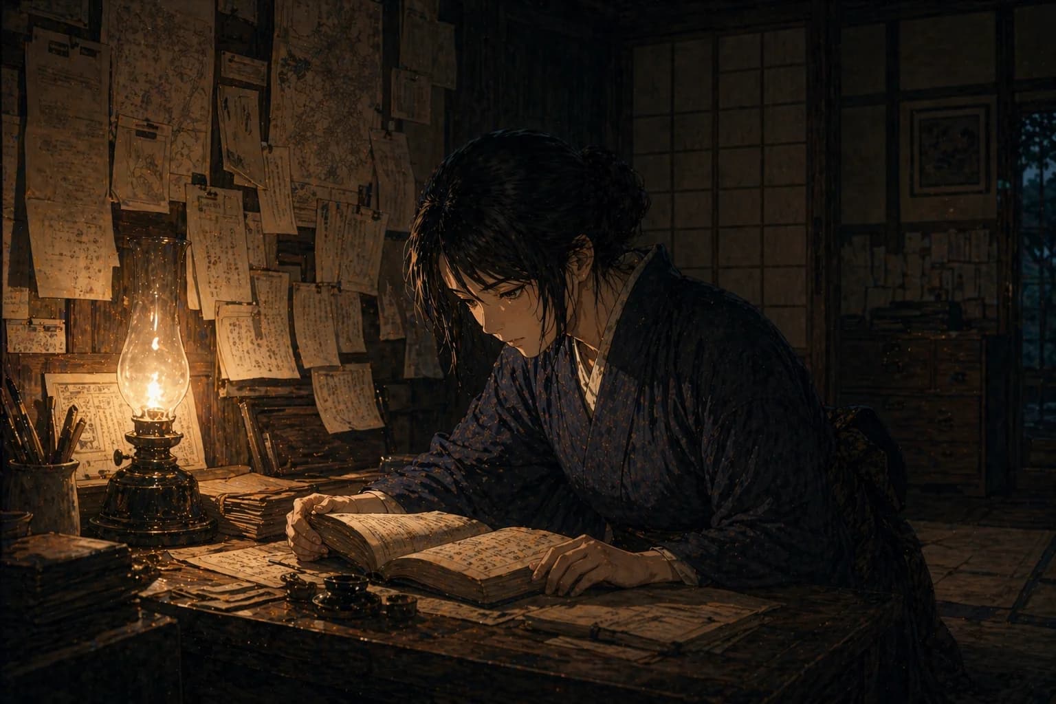 昭和初期の深夜、十八歳の松平麻子が独り机に向かい『史記』を読みふける——油灯が壁に貼られた手書きの漢字の紙片を照らしている