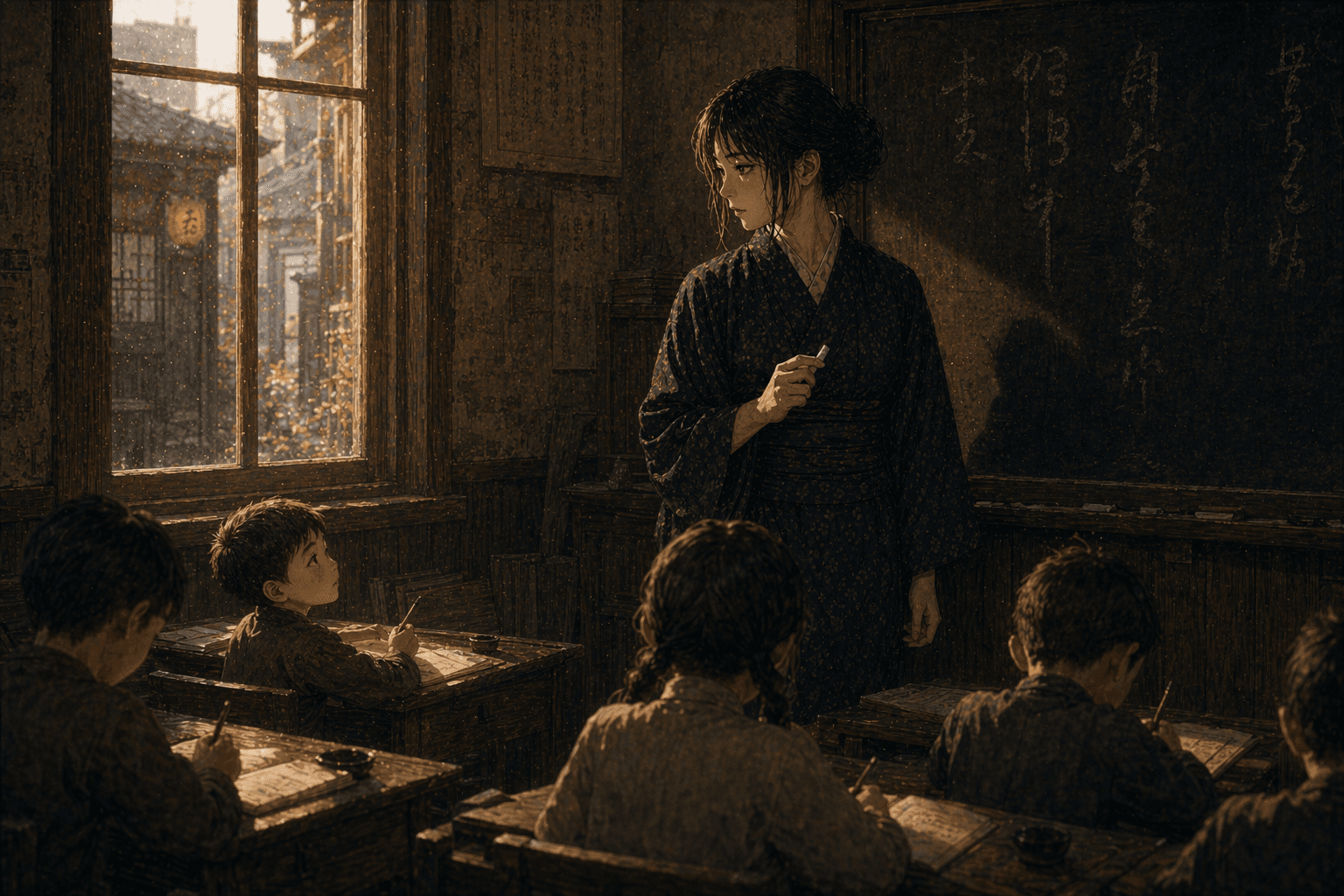 青島の学校の教室で、麻子は黒板の脇にチョークを手に立ちながら、視線は旧市街へ続く路地の方へ向けられている。机に向かって書き取りをする中国の子供たちのなかで、前列のひとりが顔を上げて静かに彼女を見つめている