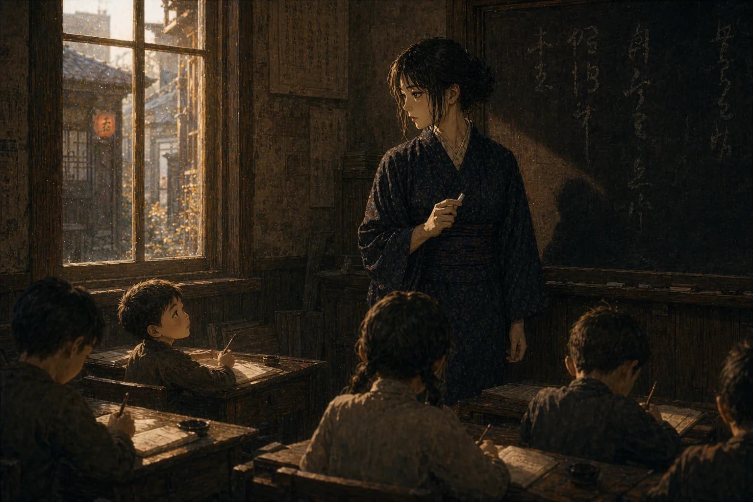 青島の学校の教室で、麻子は黒板の脇にチョークを手に立ちながら、視線は旧市街へ続く路地の方へ向けられている。机に向かって書き取りをする中国の子供たちのなかで、前列のひとりが顔を上げて静かに彼女を見つめている
