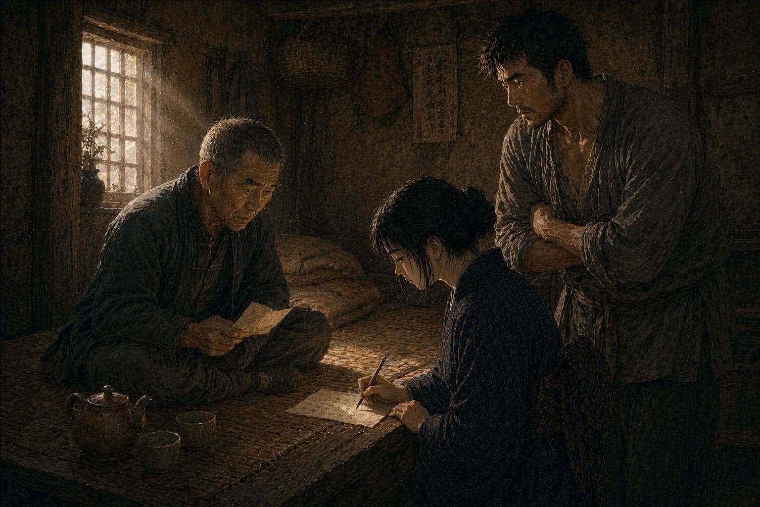 山东乡下农家小屋内:麻子在炕沿跪坐,执笔在旧纸上一行一行写下十六字旧祭文;炕上盘坐的刘老汉攥着她刚递去的那张纸,目光愈来愈沉;大汉刘双臂抱胸,紧紧站在她身后