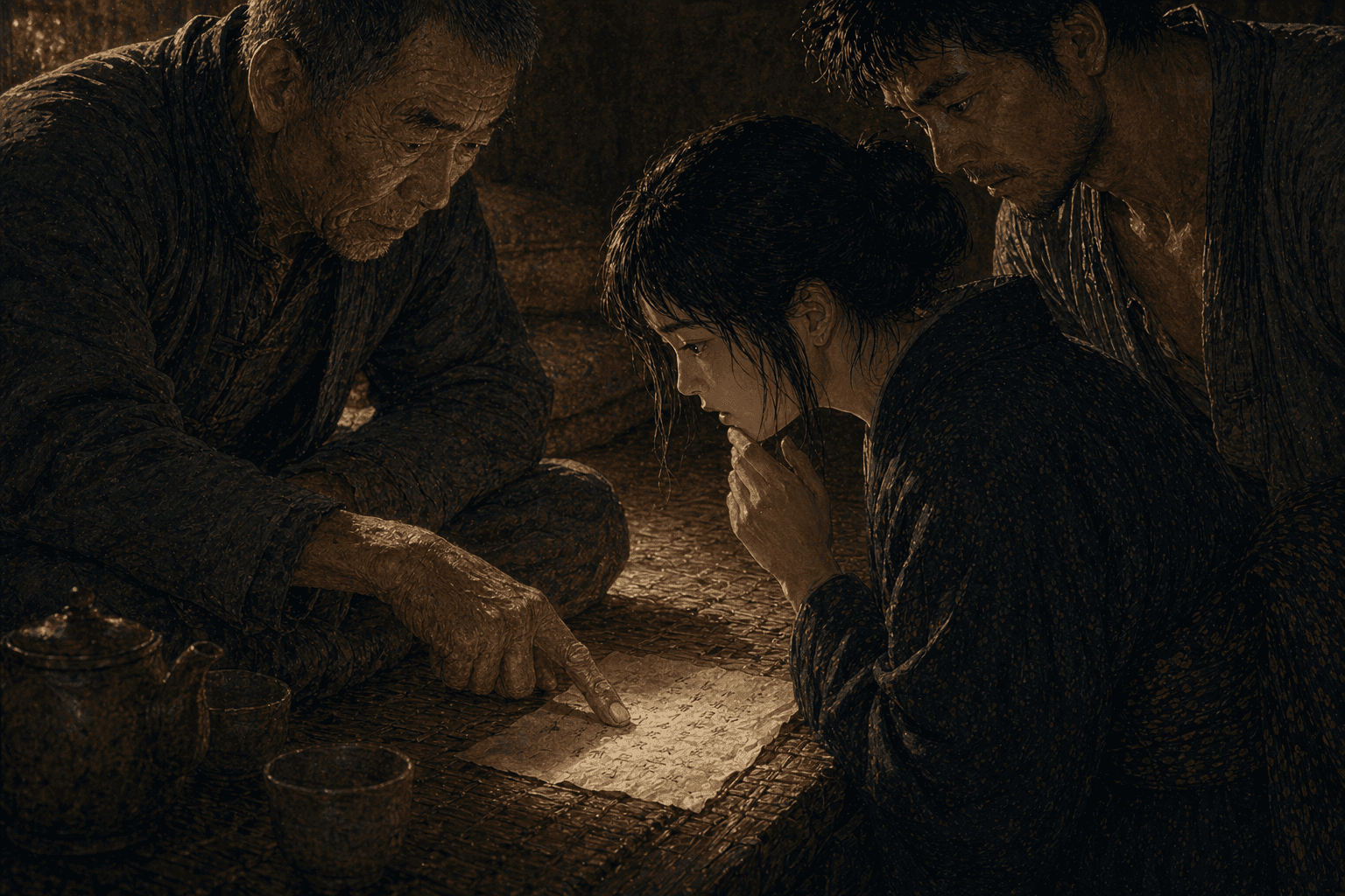 刘老汉枯瘦的食指按在炕桌那张旧纸上,正点着“奉孝”二字——麻子俯身凑近,手指抵着唇角,神情震骇;大汉刘在她肩后探身,半张脸隐在阴影里,眼底是不愿相信却不得不看的压抑