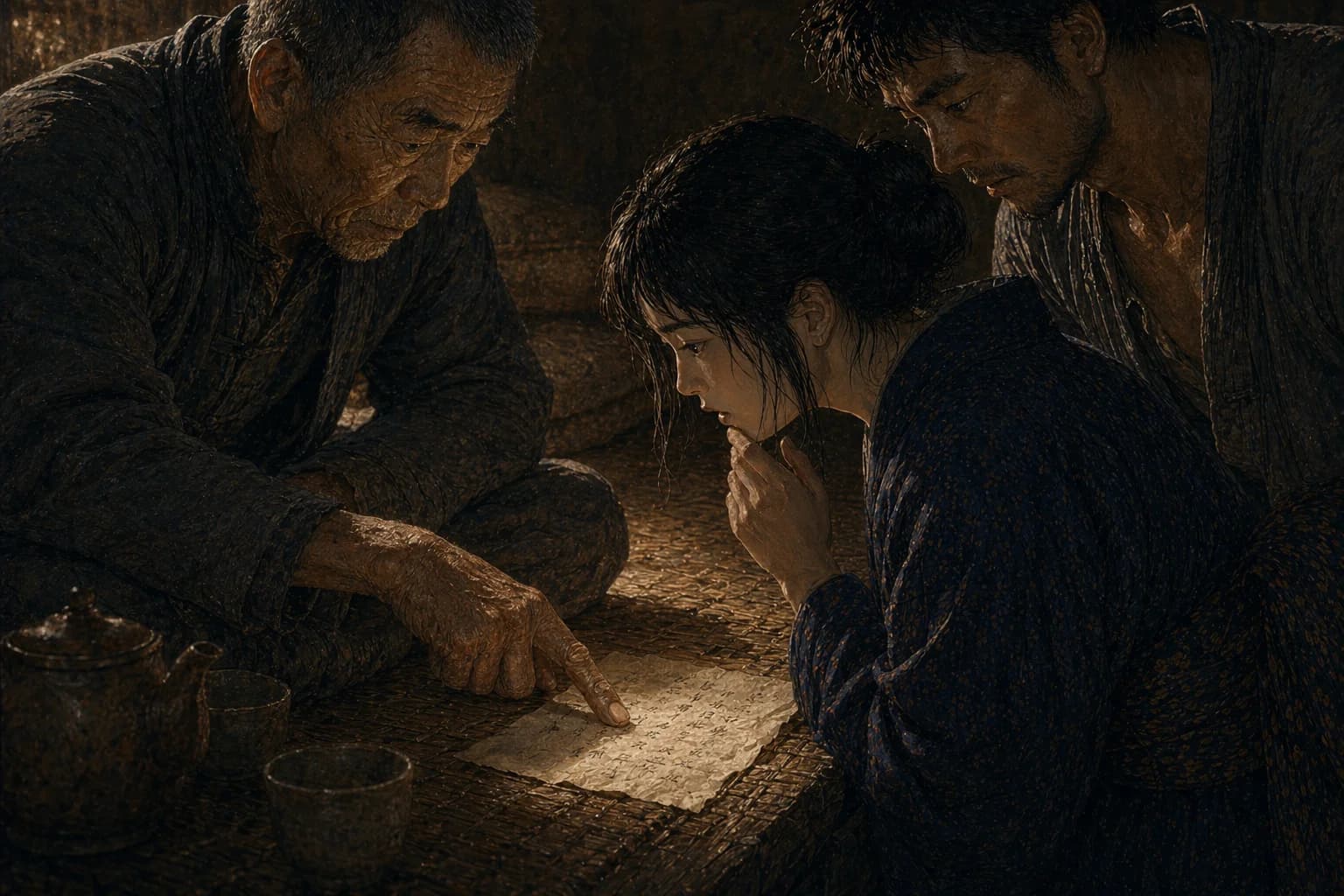 刘老汉枯瘦的食指按在炕桌那张旧纸上,正点着“奉孝”二字——麻子俯身凑近,手指抵着唇角,神情震骇;大汉刘在她肩后探身,半张脸隐在阴影里,眼底是不愿相信却不得不看的压抑