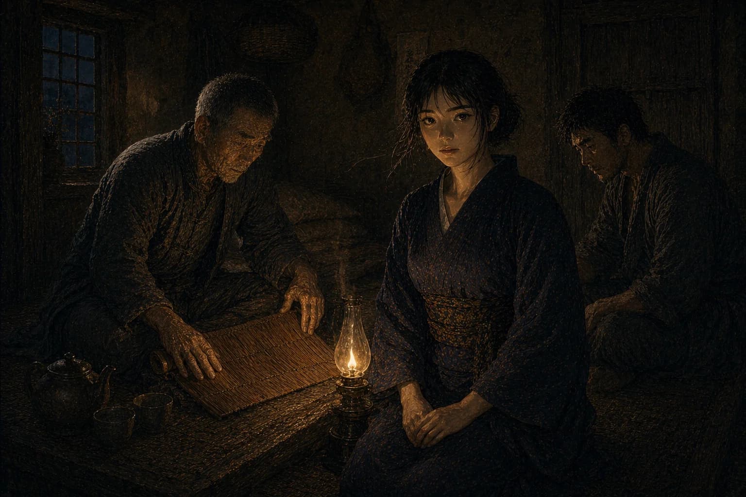 夜深了,油灯摇在炕桌当中,竹简依旧摊开。麻子直身跪坐,被灯光自下而上照得眉目分明;刘老汉一手压在竹简上半身隐于暗处,大汉刘垂首退坐在墙边——三个人都不再争辩,因为“我不走了”这句话已经说出口