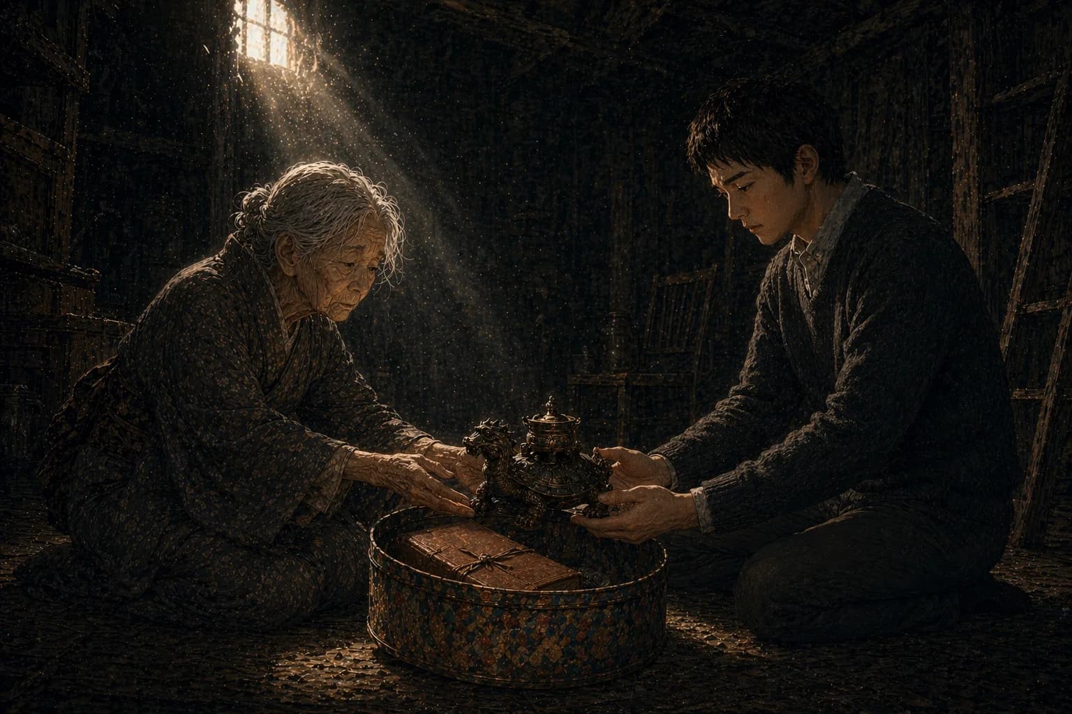 地下室气窗斜下来的光柱中,旧铁盒敞开放在两人之间——祖母双手轻托起那件暗沉的龙龟铜器,穿灰毛衣的孙子也俯身伸手去接;光尘缓缓旋,握了几十年的一件旧物正静静被交出去