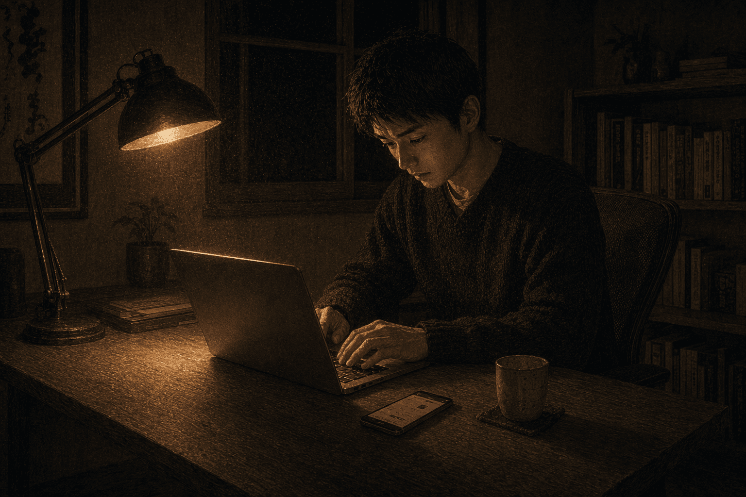 深夜の小さな書斎。暖かな電気スタンドの光と、ノートパソコンの青白い画面が、孫の顔の上で重なる。メールに添えられた古紙の写真と、机の上に置かれたスマートフォンが淡い青光を放ち、傍らには祖母から渡された古い冊子が広げられたまま——海のむこうから届いた掠れた数文字のなかに、「未了」の二字がはっきりと残っていた
