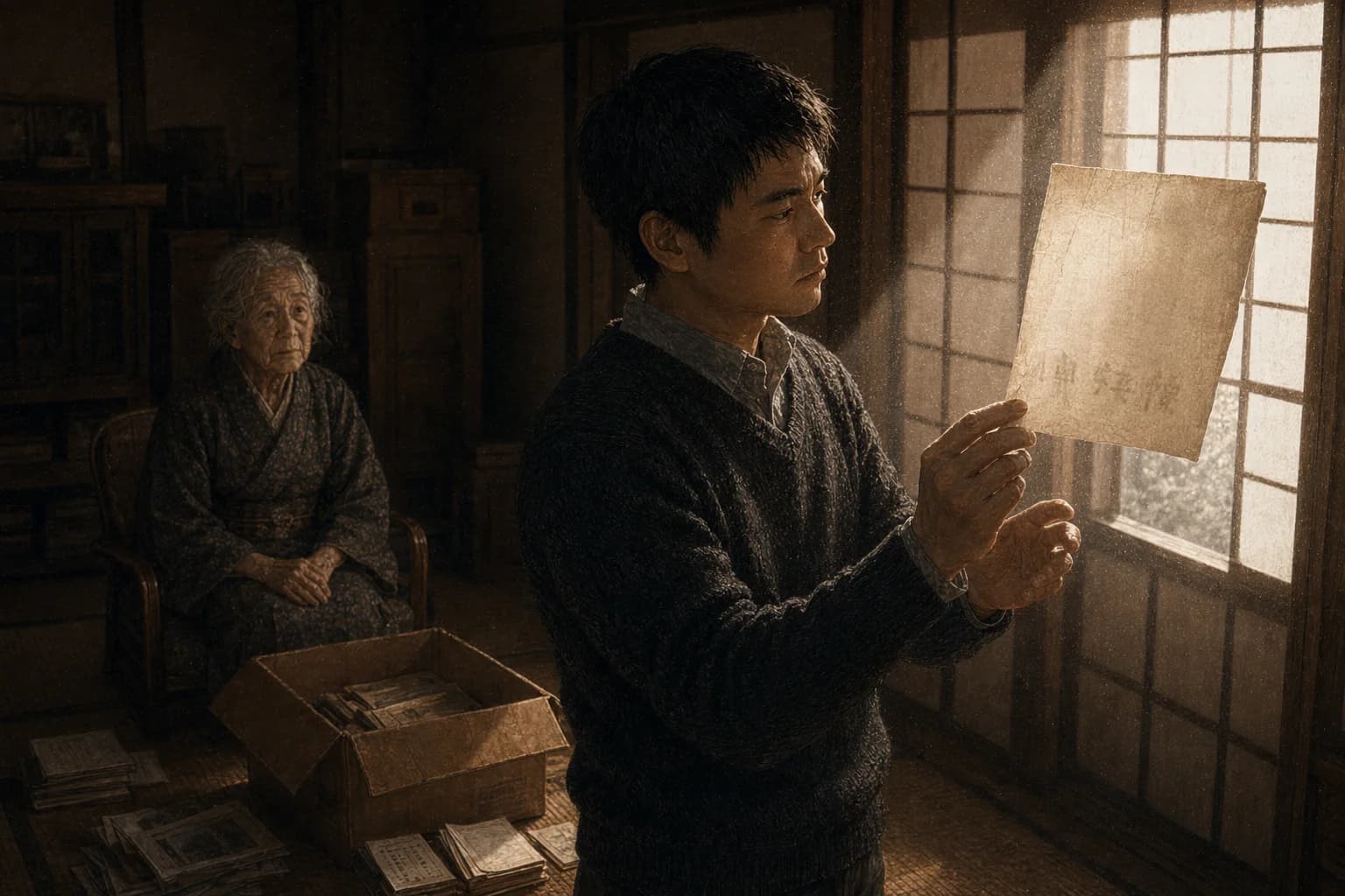 午后的日式老屋里,孙子把一张薄得近乎透明的旧纸举向窗光——被用力擦过的位置仍隐约浮出几笔淡影,显出三个被人硬擦去的汉字;奶奶静静坐在一旁的椅子上看着他发现,地上那只纸箱里还散落着更多旧信旧卡