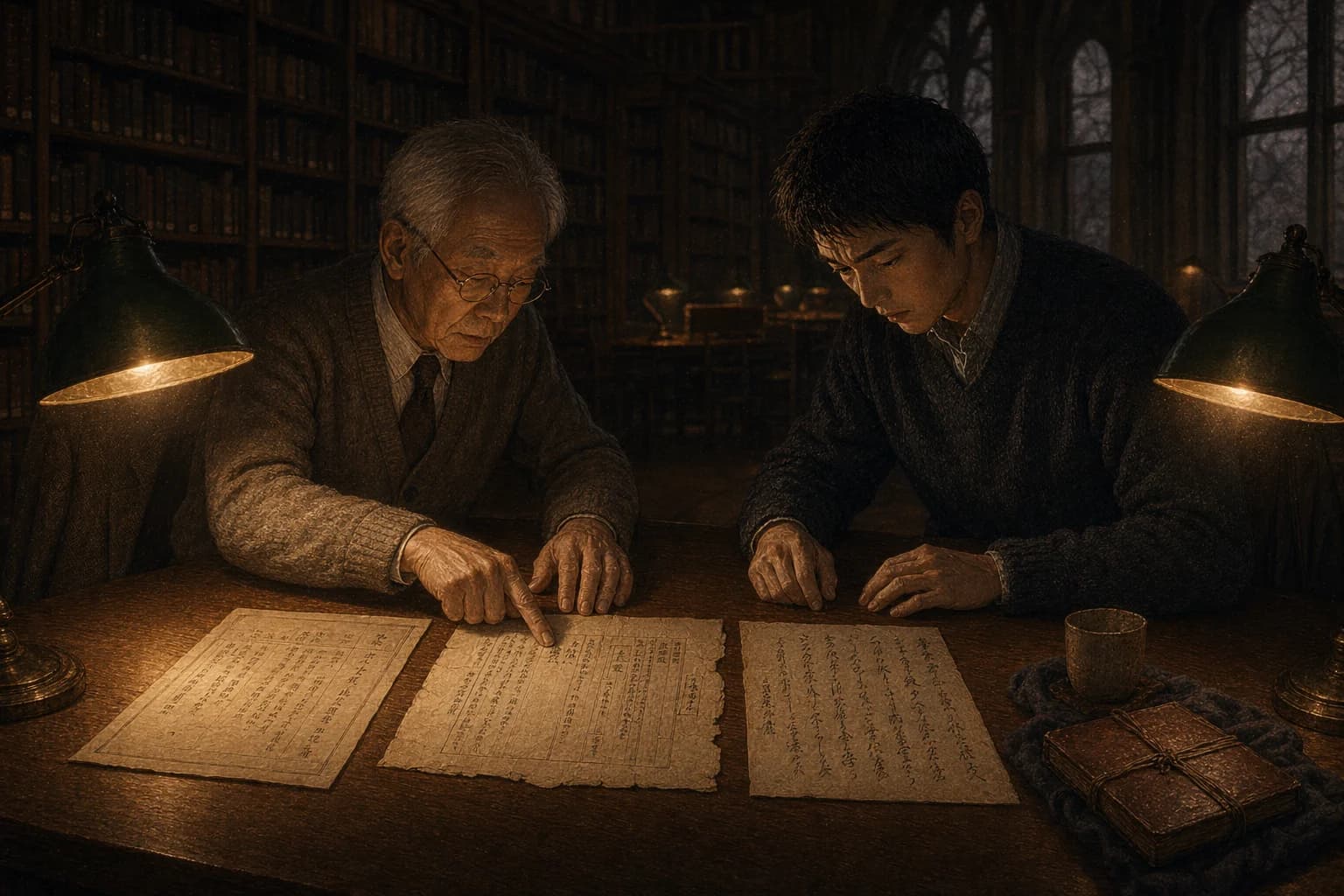 冬日傍晚的大学旧图书馆里,两盏绿罩铜灯把暖光按在长木桌上——银发戴镜的井上先生伸出食指,压在中间那张残旧税册抄本的一行边注上;孙子坐在对面,脸色发白,书包边还放着奶奶那本旧布册
