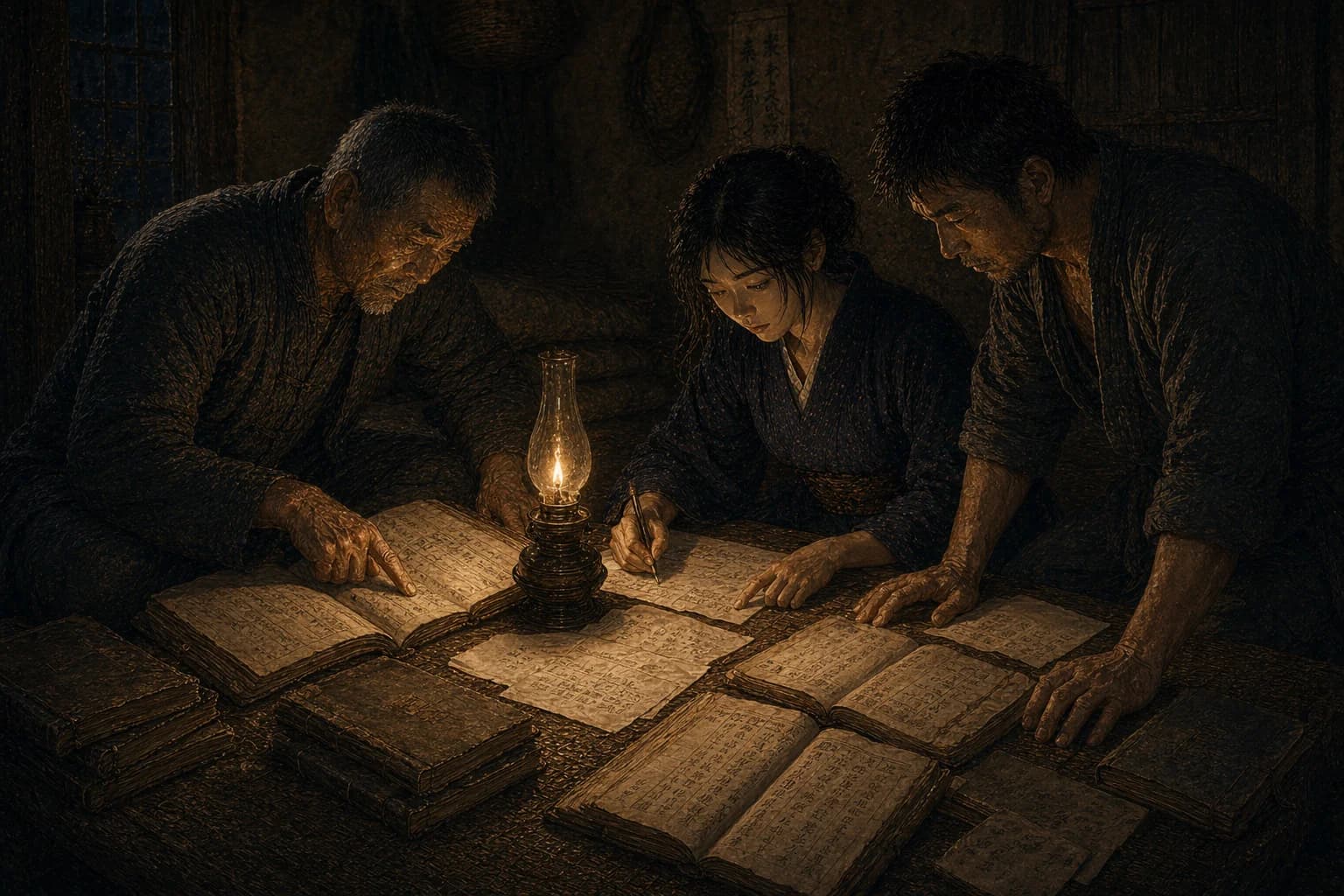 夜更けの炕の卓に布表紙の鉄銭帳簿が六、七冊も広げられ、中央の油灯が暖かく照らす。劉老人は左側の一行を指さし、麻子は紙上に鉛筆で線を結び、劉三祭も別の帳簿を覗き込んで「北折」の二文字を見つける——鍛冶屋の十数年の流水帳に潜んでいた一本の道が、この夜ようやく三人の前で繋がった
