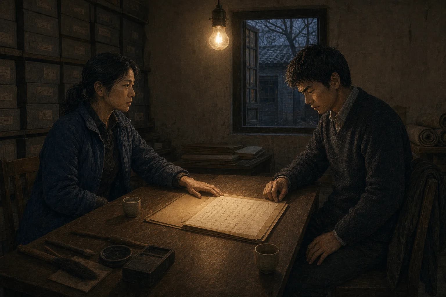 鎮外れの古い院子の一室、裸電球の下に古文書の箱が並ぶ。方形の木卓越しに向かい合う二人——劉硯秋はこちらへ押し出した写本の端に手を置き、そこには「副座東去、非贈」という一文が黒々と残っている。孫は視線を落としたまま、その一行を繰り返し読み、徐々に顔色をなくしていく