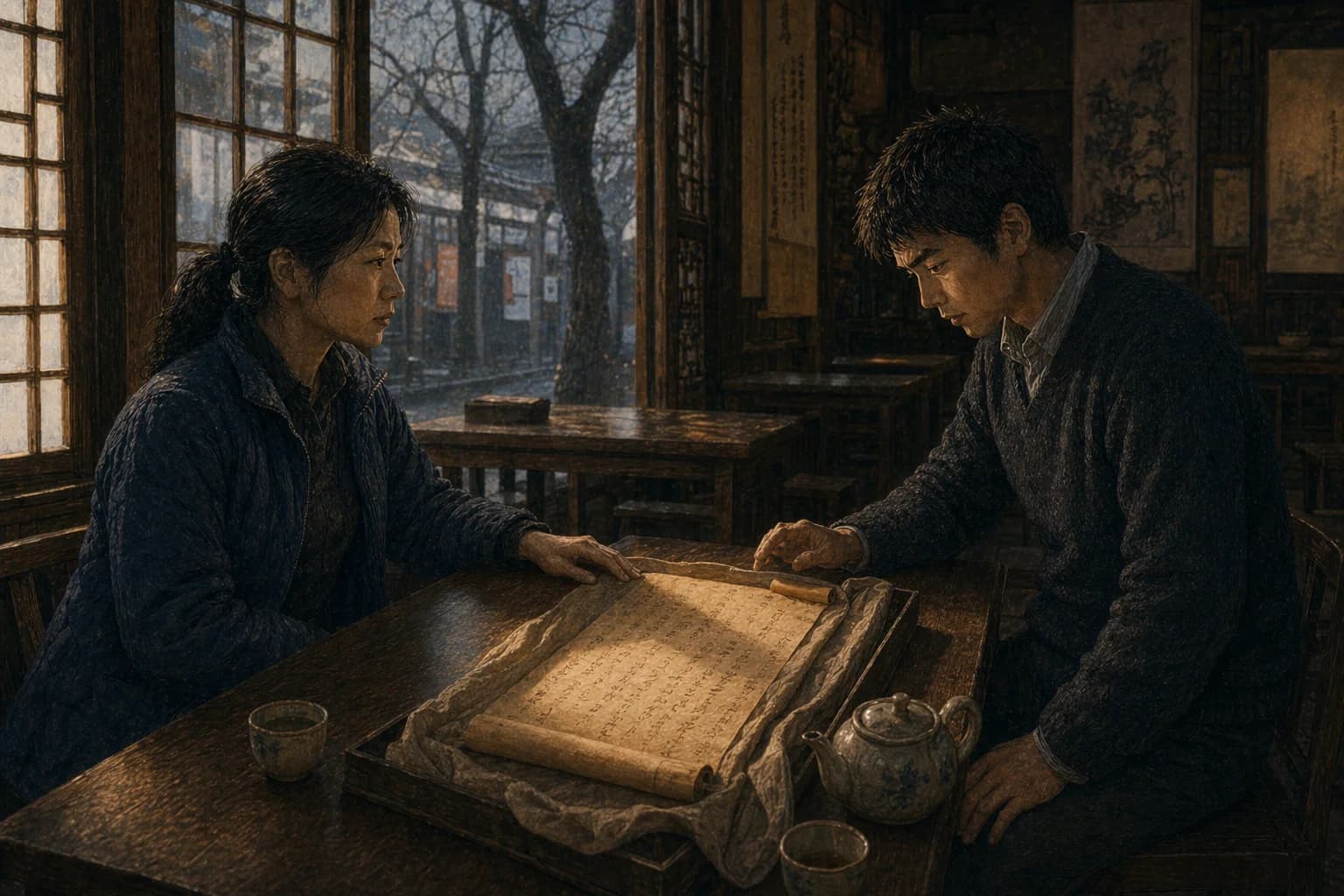 冬の午後、裏町の古い茶館。格子窓の外には葉を落とした木が一本。卓上には黄ばんだ巻き紙が広げられ、そこには祖母が十八歳の頃に自ら書いた文字が並ぶ。劉硯秋が紙の端にそっと手を添えるなか、孫が身を屈めて読んでいく——八十年前に記された「松平家独り言わず」の一文が、ようやく彼の目の前まで届いた