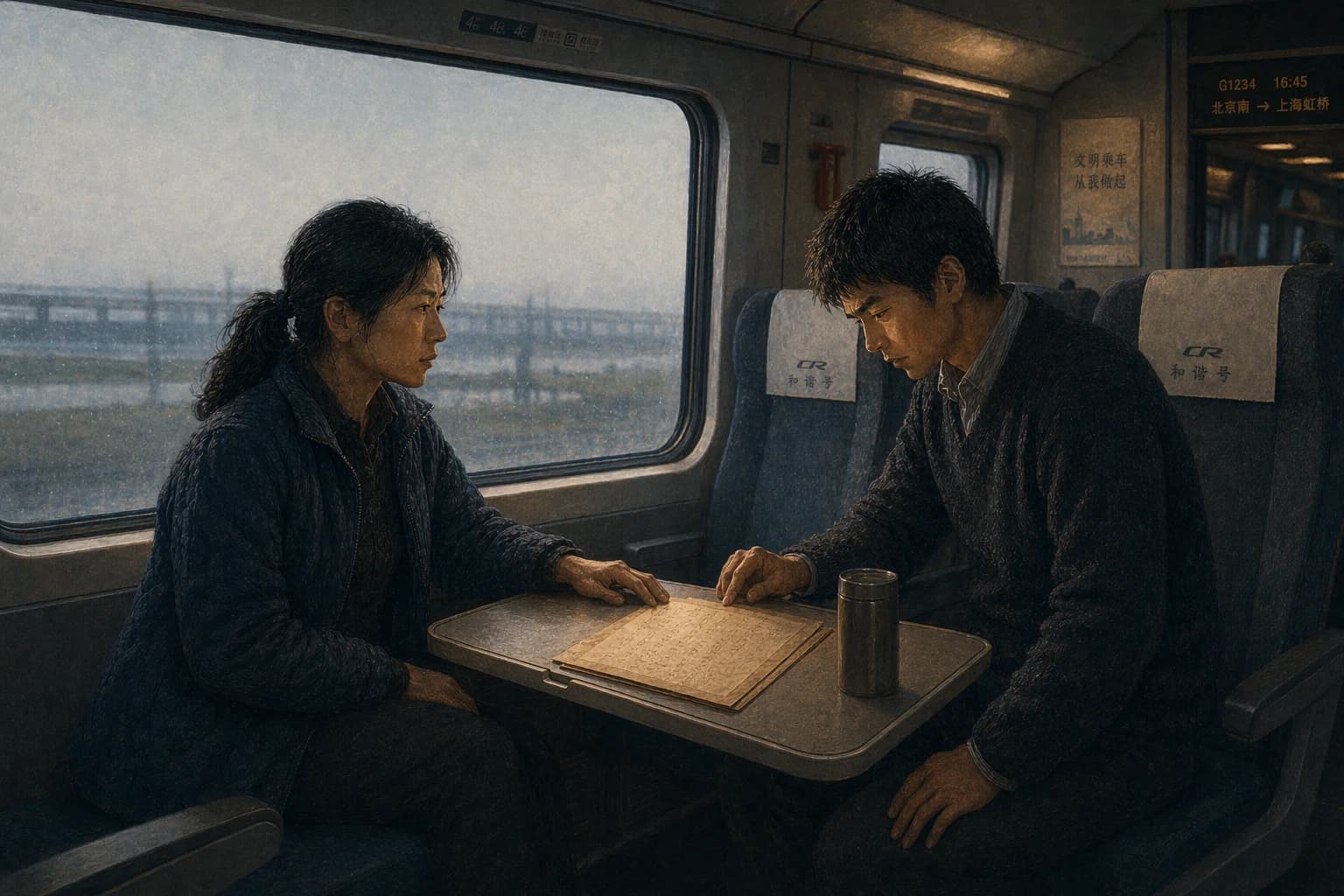 武漢行きの高速鉄道。小さなテーブルを挟んで向かい合う二人の前に、黄ばんだ古い写本が広げられている。窓の外では冬の畑と江を渡る鉄橋が時速三百キロで流れ去る。劉硯秋は静かに解き、孫は一行ずつ読み進めていく——一千七百年前、鼎が封じられ、劉理が名を薄めた夜の記録が、いま前へと運ばれていく