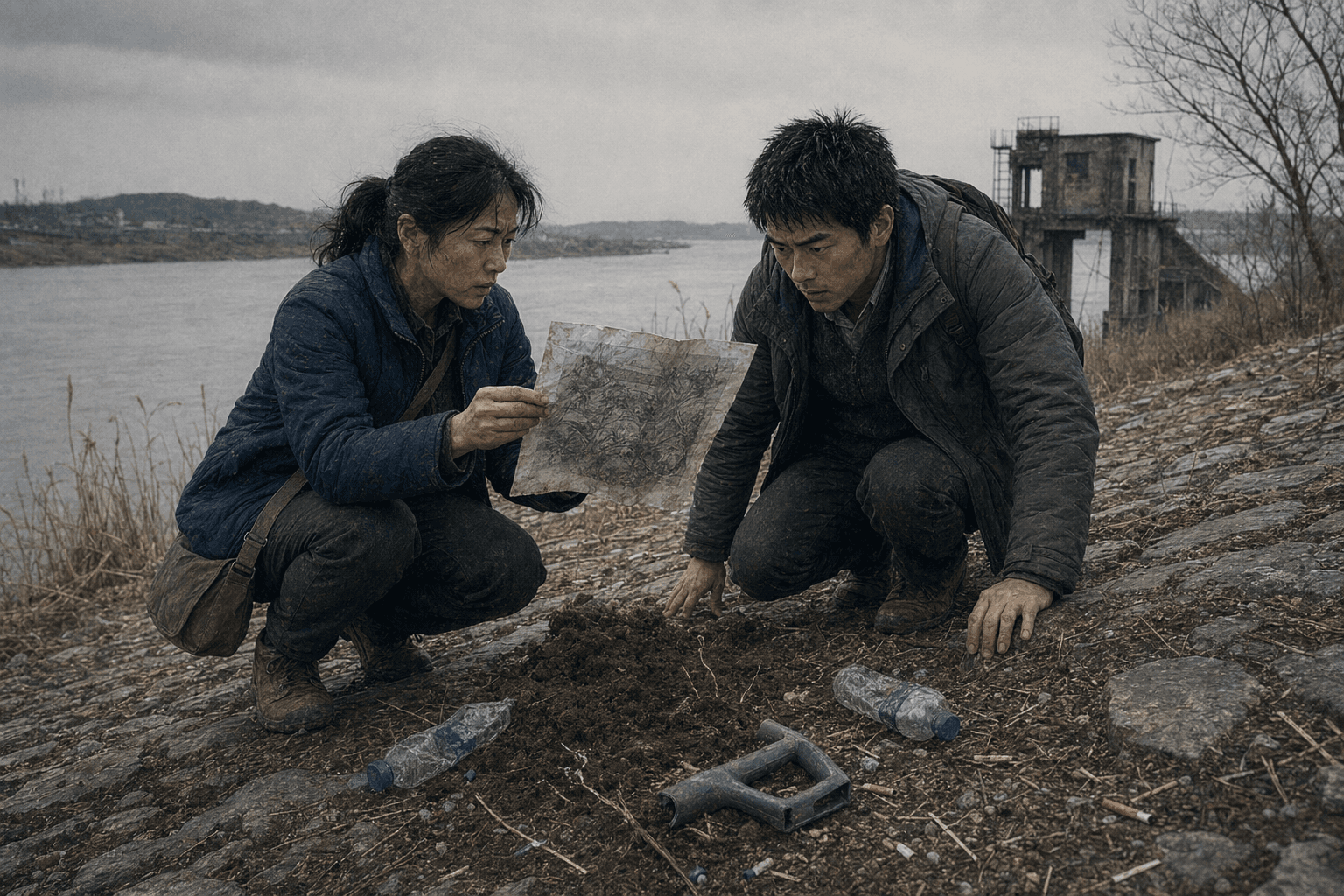 冬日的长江老石堤上,枯苇间土被翻得发新——半截断成两截的绿塑料铁铲柄、几只压扁的矿泉水瓶散落脚边;刘砚秋蹲身拎起一张被雨泡又晒干的旧拓片复印件,纸上正是供物台的侧影;孙子俯身在旁,脸色一下冷了——这条线上已经有第二拨人