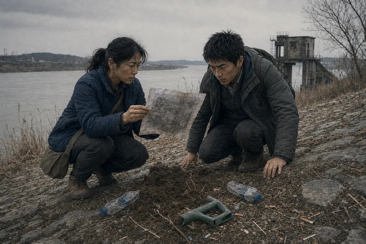 冬の長江、古びた石堤のほとり。枯れた葦の合間に土がまだ新しく掘り返され、足元には折れた緑のプラスチック製スコップの柄と潰れたペットボトルが散らばっている。劉硯秋が雨に濡れて乾いた旧拓の写しを拾い上げると、そこには供物台の輪郭がかすかに浮かぶ。傍らに屈み込む孫の顔色も、一瞬で冷えきる——この道を辿っているのは、自分たちだけではなかった
