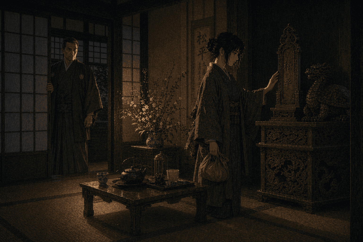 回到松平家的那个傍晚——麻子旅装未卸,手里还攥着那只布包,另一只手轻抬要碰供物台上那个被重刻过的“松平”;对面的障子门后,一个穿深灰家纹羽织的中年男人——敬一郎——正从走廊阴影里慢慢现身,一脸并不意外的神情