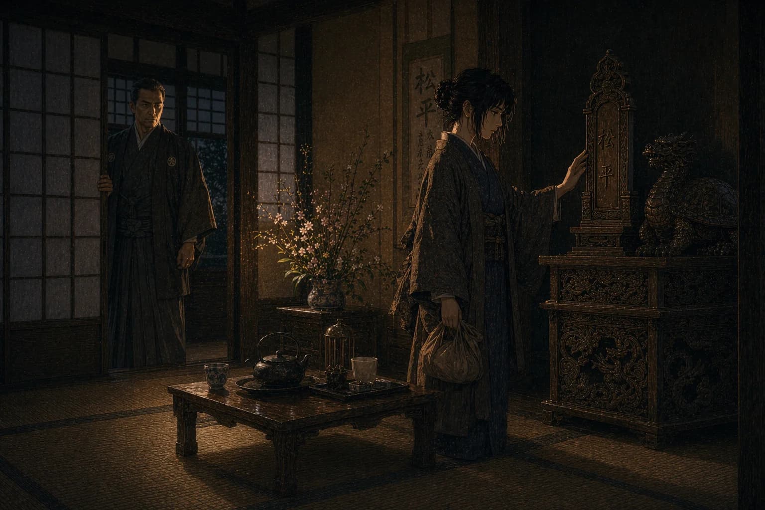 松平家へ戻った夜——旅装を解く間もなく、麻子は右手を上げて供物台の「松平」と刻まれた札木にそっと触れようとしている。胸元には中国から持ち帰った布包。障子の奥、廊下の影から姿を現したのは家紋入りの濃灰の羽織を纏う壮年の男——敬一郎。その顔には驚きではなく、静かな支配のまなざしが浮かんでいる
