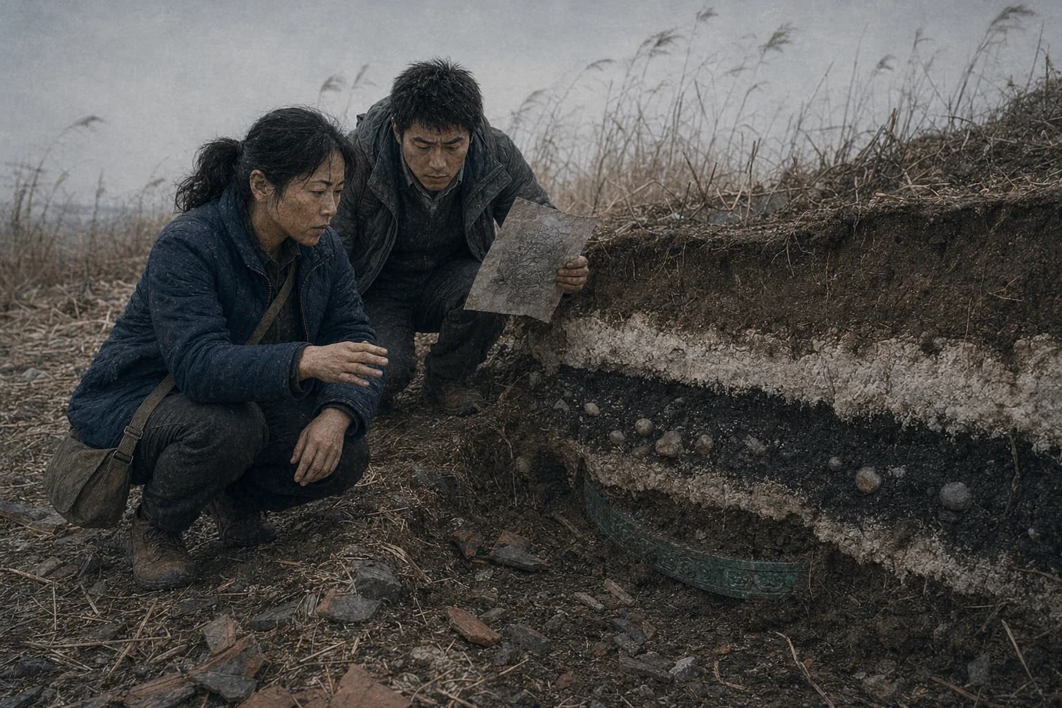 冬の江堤、雨で崩れた土の断面に、灰白の石灰、黒い炭土、押し固められた鉛の泥、そして配された卵石が幾層にも重なって現れている。最下層には青緑色の錆に覆われた古い青銅器の縁がわずかに埋もれる。劉硯秋は断面から数センチ手前で手を止めたまま身を屈め、孫は副座の摺図をかざして寸法を何度も照合する——どちらも、決して指を伸ばしはしなかった