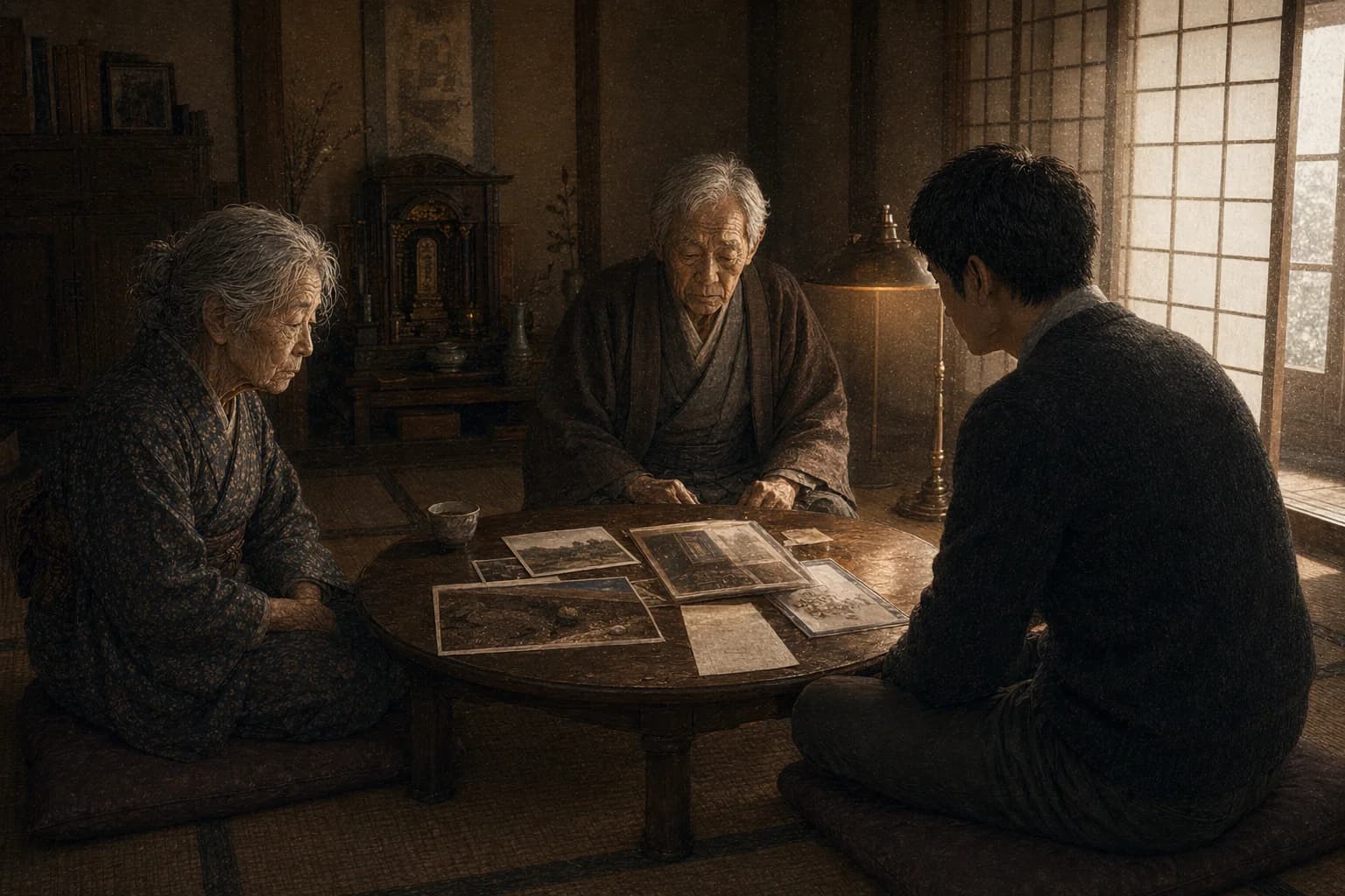神奈川の古家、円卓のうえに封痕の写真、供物台の接写、欠けた一頁の薄紙が並ぶ。向かい側、八十を越えた叔父は肩を落として写真を見つめ、長く張り続けていた平静が崩れ落ちていく。祖母は脇で静かに手を合わせたまま、無言で数十年の沈黙を紙に語らせる。孫は第三の座に膝をついて、ただ頭を垂れて聴く