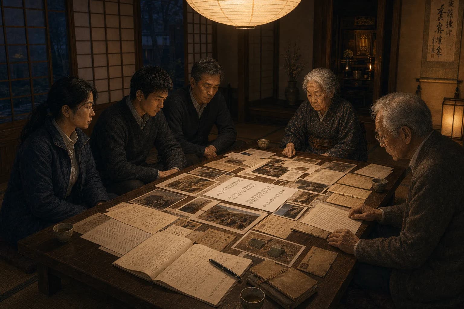 冬の夜、松平家の居間。紙の行灯が長卓に暖かな光を落とすなか、卓の上には遺構写真、文化財保護所の摘録、劉家の抄本、井上先生の複写、そして祖母が残した古冊子が敷き詰められている。劉硯秋と孫、父が片側に並び、祖母は端座し、末座では井上先生が身を屈めて文字を追う——数世代が沈黙していた言葉が、この一卓の上でようやく顔を合わせる