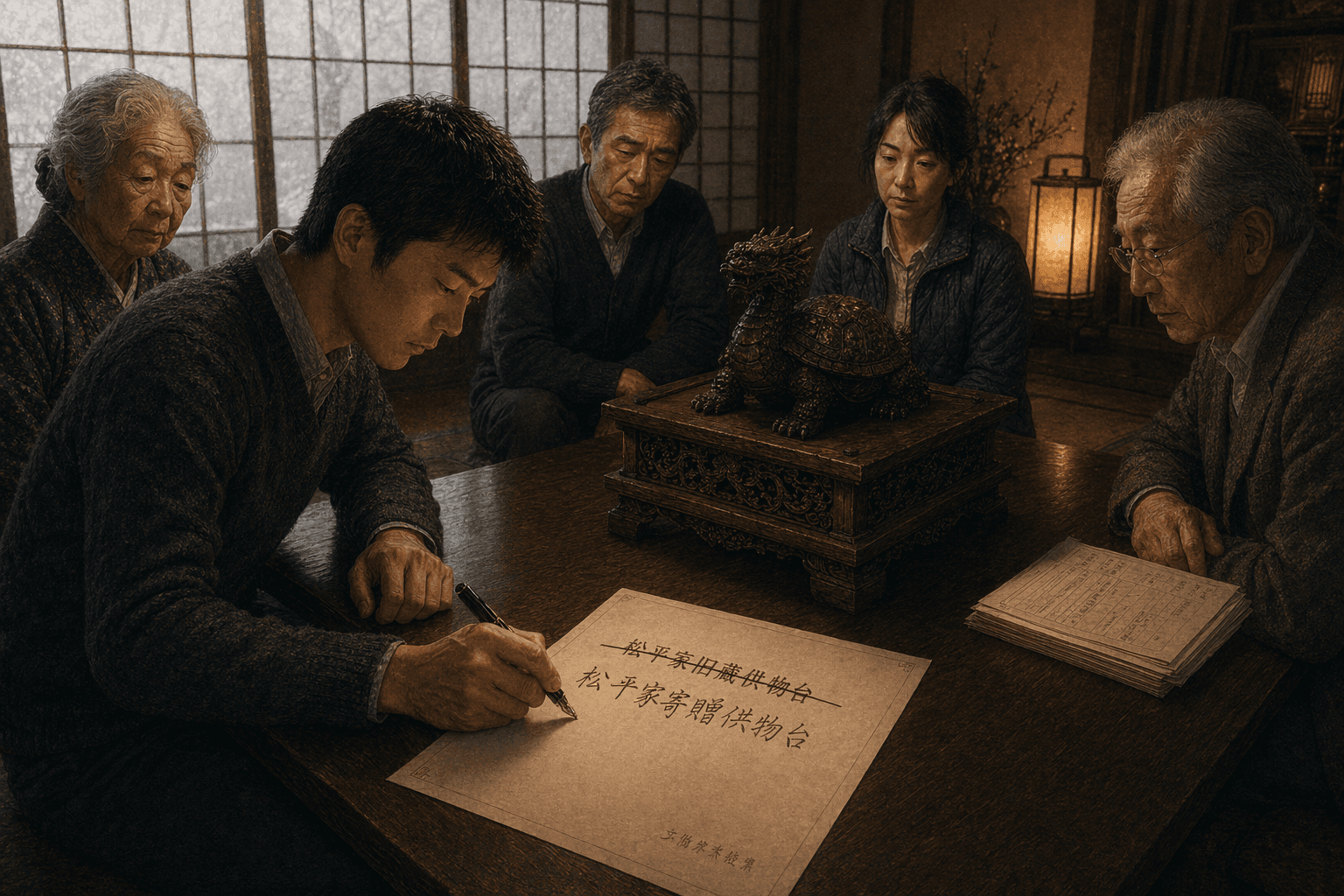 松平家客厅矮桌上,供物台端端放着——孙子执笔在暂寄表上一横划掉“松平家旧藏”,下面另写“副座见证物、非松平家旧藏”;奶奶、父亲、刘砚秋、叔公、井上先生沉默围坐,那一道新墨把几十年顺下来的旧名拦了住