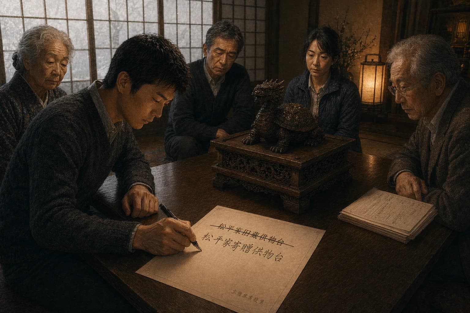 松平家の居間、低卓に供物台が据えられた脇で、孫は寄託書の「松平家旧蔵」の文字に万年筆で一線を引き、下に「副座見証物、非松平家旧蔵」と書き加える。祖母、父、劉硯秋、大叔父、井上先生がその一筆を黙って見守る——数十年もつづいた旧い呼び名が、この新しいインクの一線で押しとどめられる