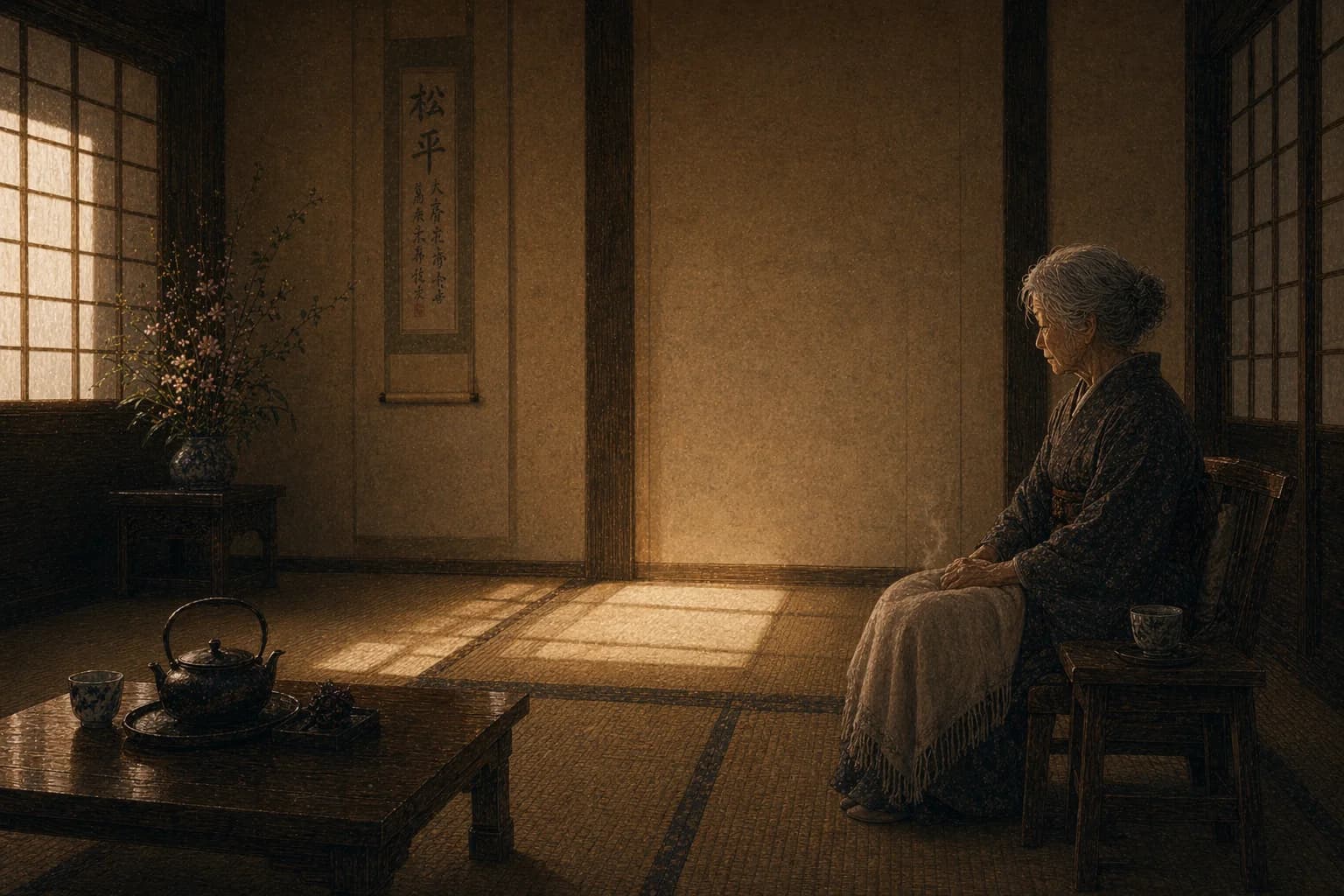 午後の松平家の居間。供物台はすでに運び出され、壁には「松平」の古い掛け軸だけが残り、その下はぽっかりと空いている。祖母は木の椅子に一人腰掛け、膝に薄い毛布をかけ、傍らの茶碗から細い湯気が立ち昇る。斜めに差し込む夕光が畳に長い金色の矩形を描き出し、数十年のあいだ押さえつけられてきたその場所が、いまようやく何の名にも覆われずに在る