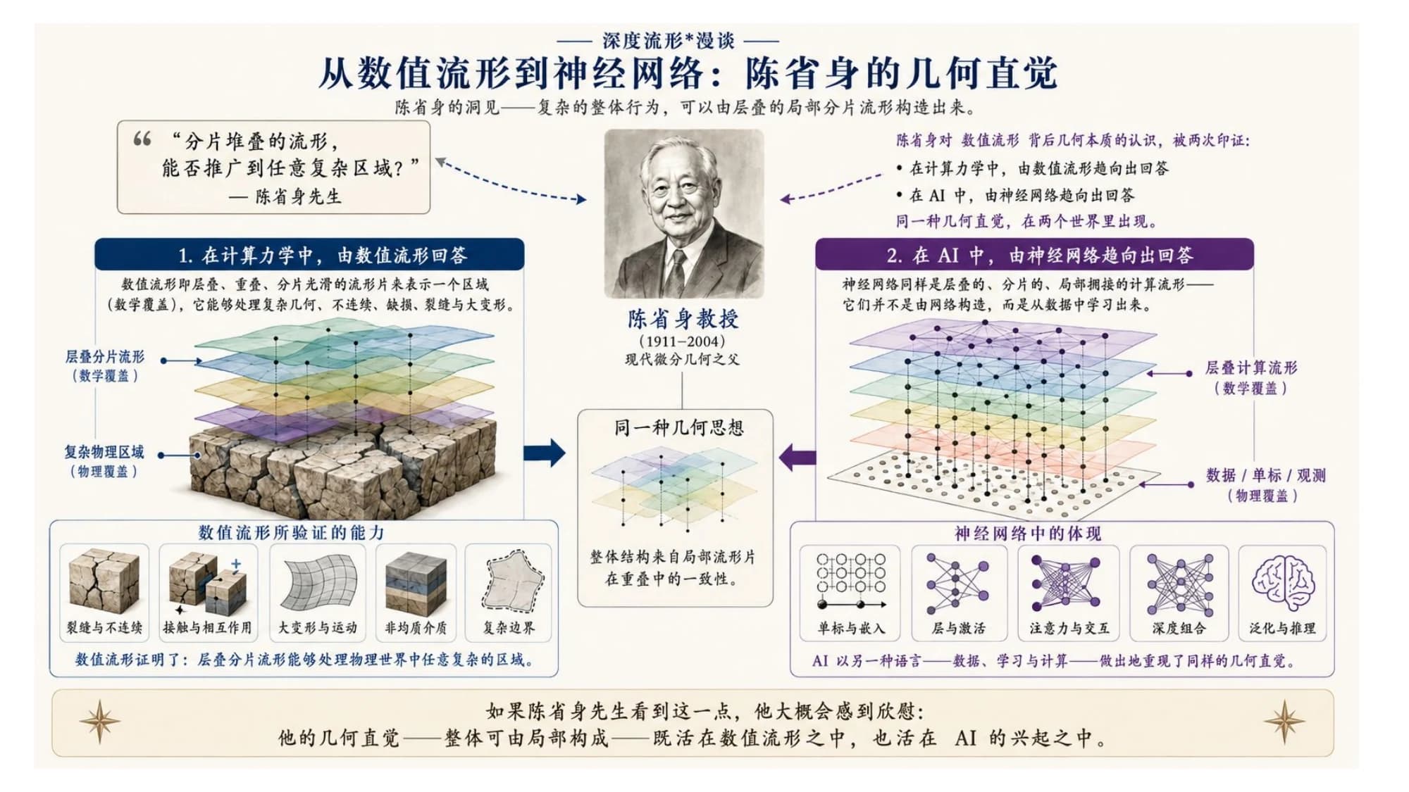 从数值流形到神经网络:陈省身的几何直觉。左侧是计算力学中的层叠分片流形(数学覆盖)叠在复杂物理区域(物理覆盖)上;中间是陈省身像与「同一种几何思想」;右侧是神经网络里同样的层叠计算流形与数据/单标/观测。