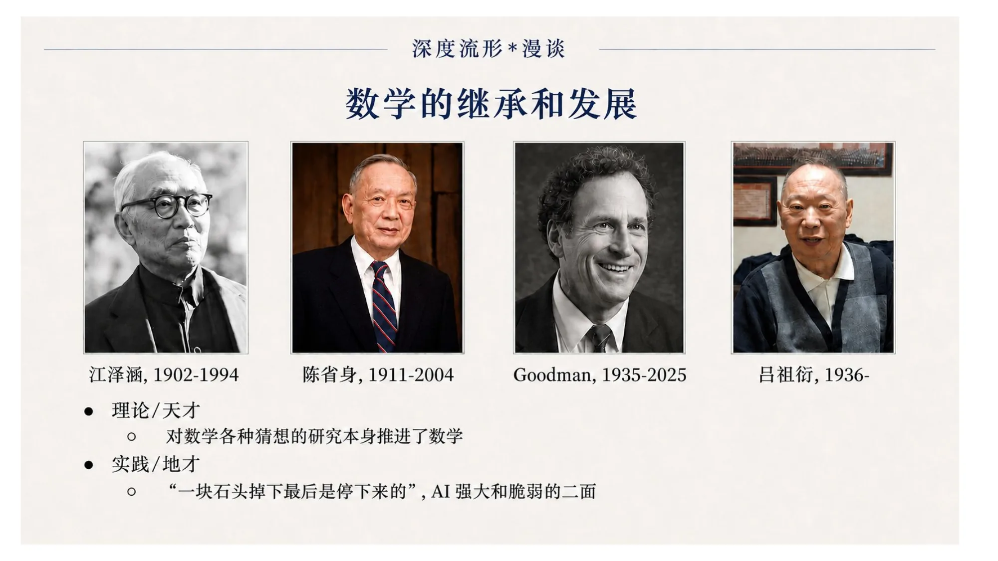 数学的继承与发展:江泽涵、陈省身、Goodman、吕祖衍——理论(天才)与实践(地才)两支。
