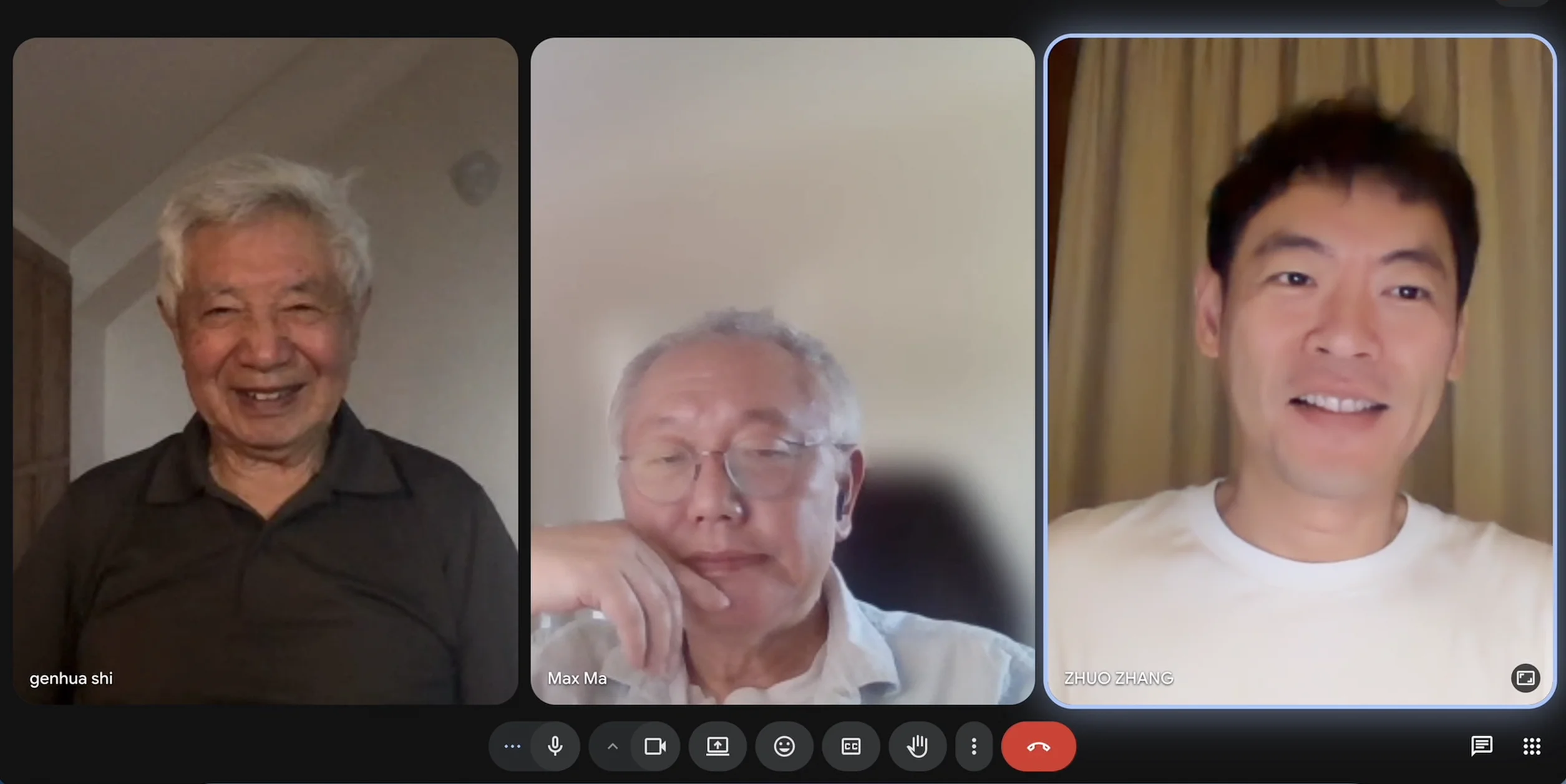 一次视频对谈的截图:左起石根华、马远、张卓三人在线,主题是 AI 与数学。