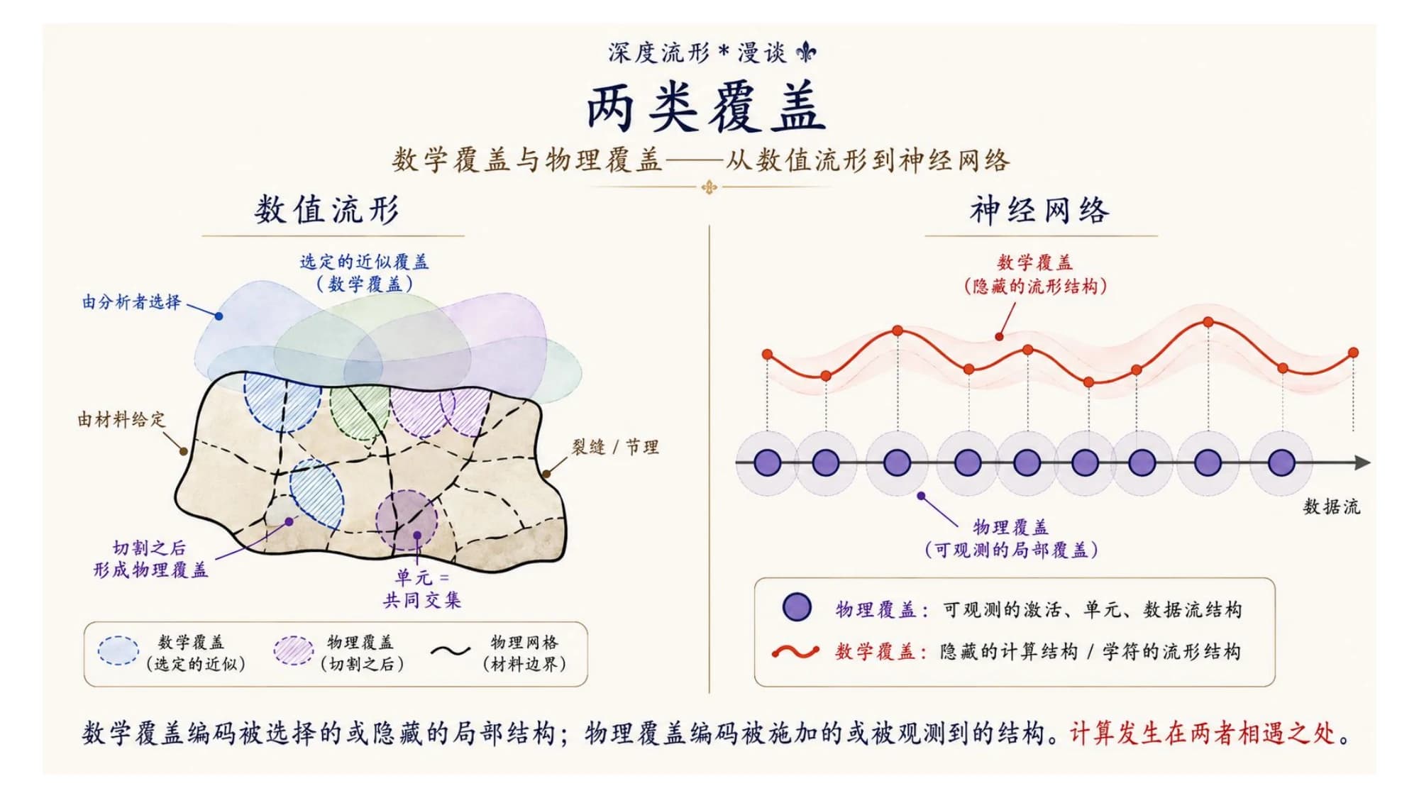 两类覆盖示意:左边数值流形里,分析者选定的数学覆盖(半透明重叠小块)盖在材料给定的物理覆盖(带裂缝的石头)上,单元是两者的交集;右边神经网络里,隐藏的数学覆盖(学到的流形结构)对应一条波动曲线,物理覆盖对应可观测的激活节点。