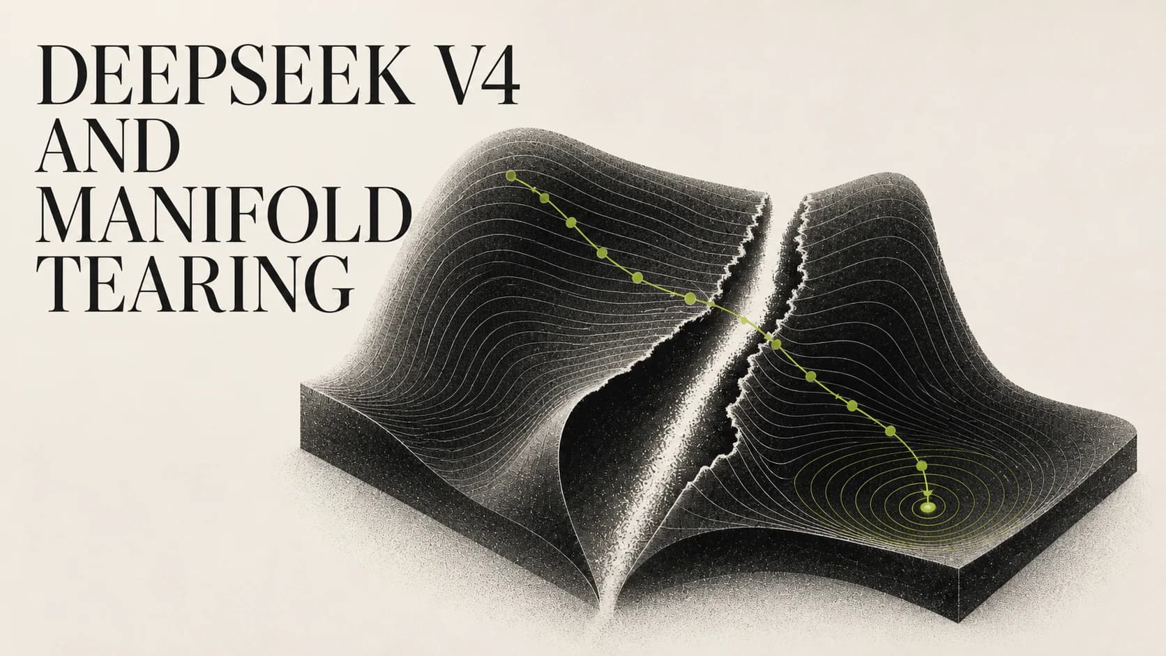 Cover illustration: a black, contour-lined manifold split down the middle by a jagged tear; a green token trajectory crosses the surface and resolves into a stable basin on the right. Title 'DeepSeek V4 and Manifold Tearing' set in display type on the left.
