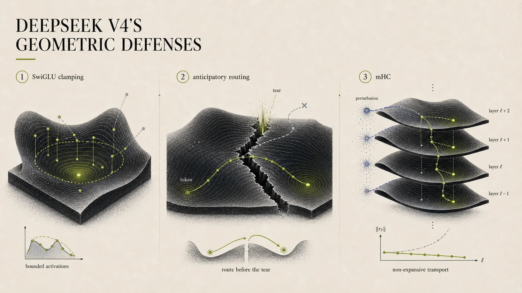 Three panels titled 'DeepSeek V4's Geometric Defenses'. Panel 1 'SwiGLU clamping': activations corralled inside a dashed boundary on a contoured surface, with a small inset showing 'bounded activations'. Panel 2 'anticipatory routing': a token path that routes around a tear before it opens, inset shows 'route before the tear'. Panel 3 'mHC': a stack of layers with perturbations on the left damping out as they propagate, inset plots residual norm ‖rℓ‖ flat-to-decreasing across layer ℓ ('non-expansive transport').